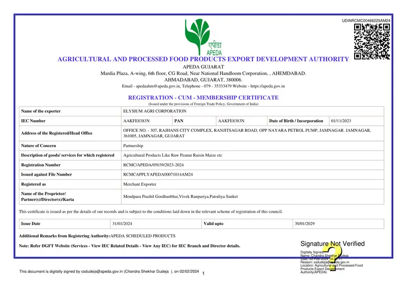 APEDA Registration-cum-Membership Certificate (RCMC), Elysium Agri Corporation