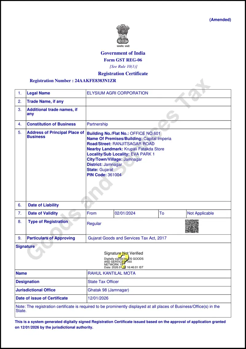 GST Registration, Elysium Agri Corporation
