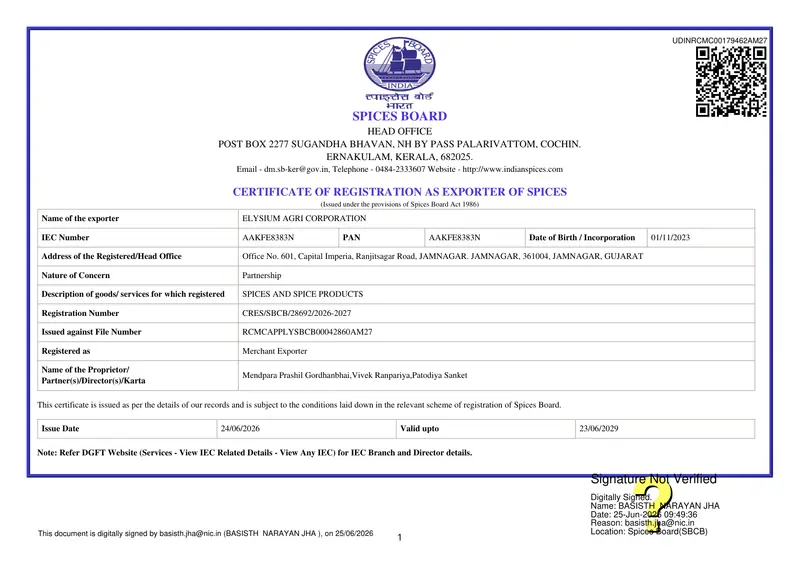 Spices Board Certificate of Registration as Exporter of Spices (CRES), Elysium Agri Corporation