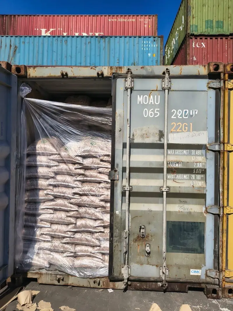20 ft container of bagged cargo in the container yard