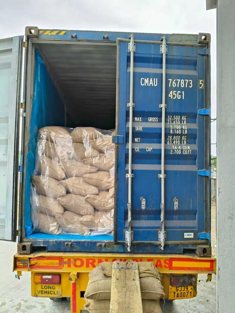 Bagged cargo in a CMA CGM 40 ft high-cube container on a trailer
