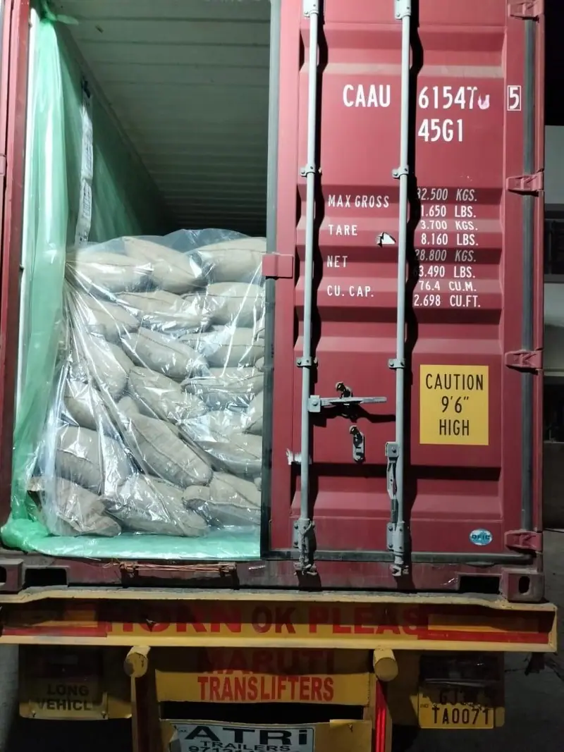 Bagged cargo in a green liner inside a 40 ft high-cube container