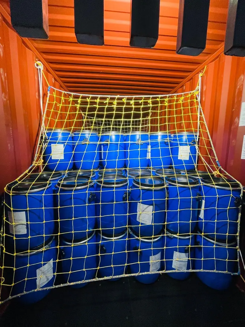 Blue HDPE drums secured with a cargo net inside a container