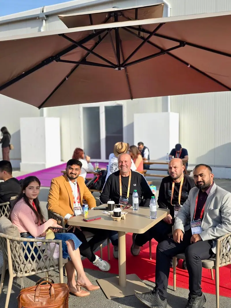 Business meeting with international buyers at a food trade show
