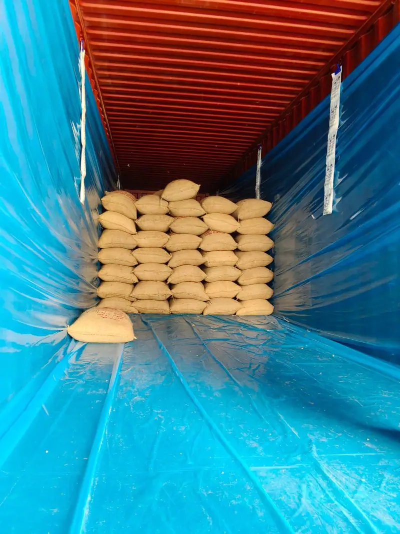 Container fitted with a blue liner as loading begins