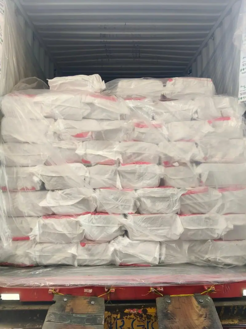 Container packed to the roof with white PP bags