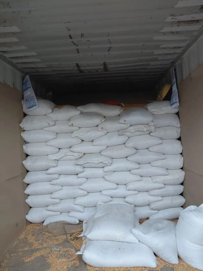 White bags being stacked inside a container