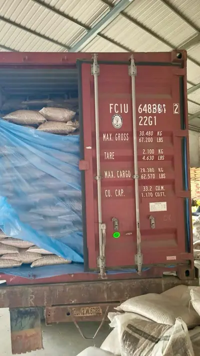 White bags in a blue-lined 20 ft container