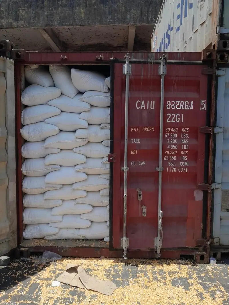 White PP bags in a 20 ft container