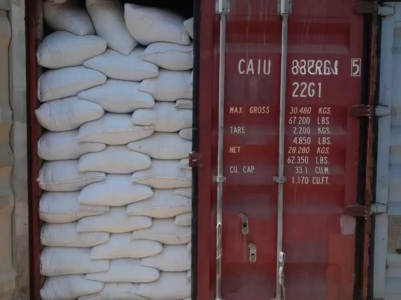 White PP bags of agri cargo loaded in a 20 ft container
