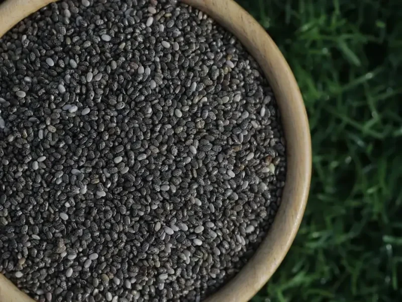Black chia seeds, valued for their fibre and omega-3 content