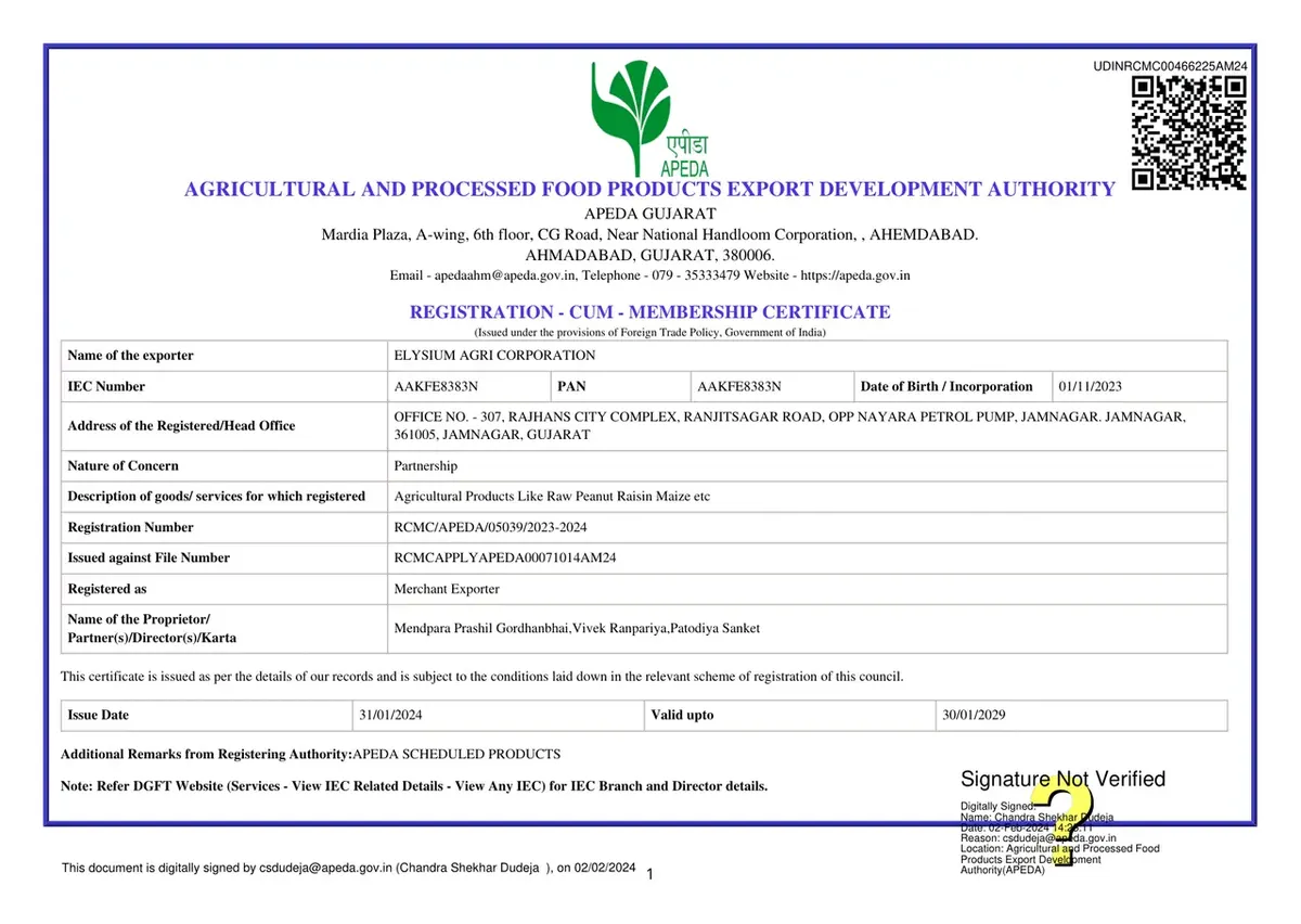 APEDA Registration-cum-Membership Certificate of an Indian agri exporter