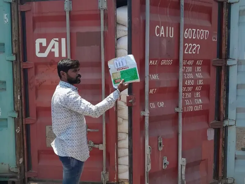 Container desiccant placed inside a loaded export container before sealing