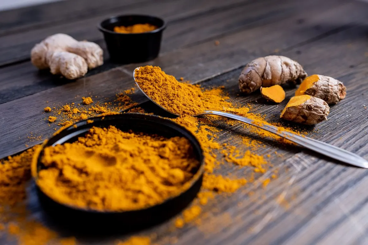 Turmeric powder and cut rhizome showing curcumin colour