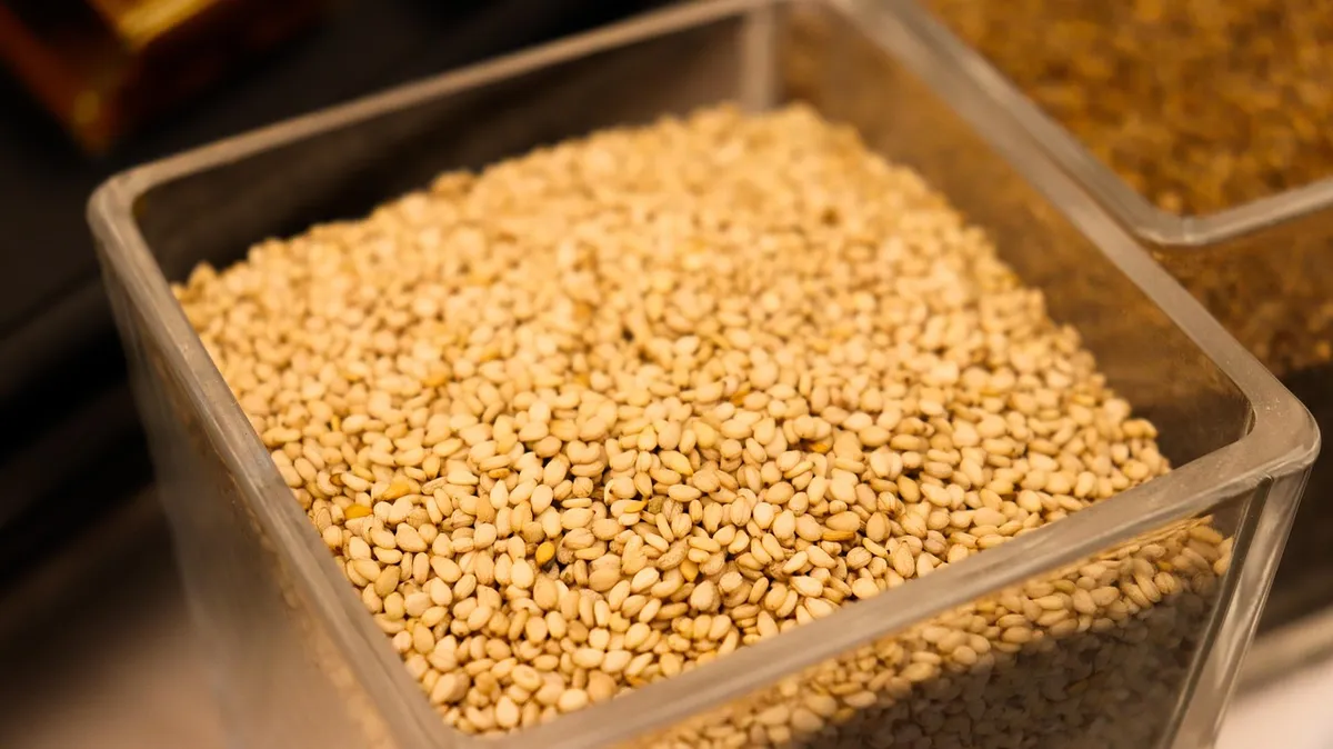 Bulk hulled sesame seeds kept dry to prevent rancidity