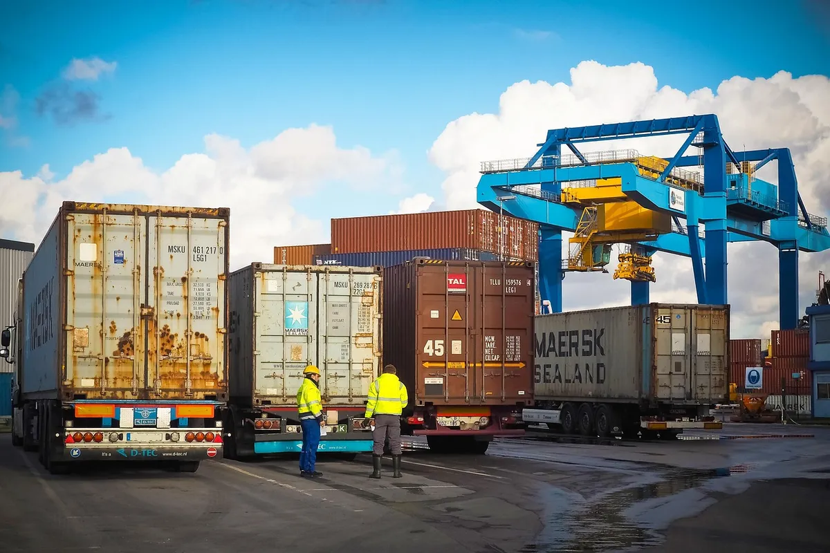 Export containers on trucks at a port terminal