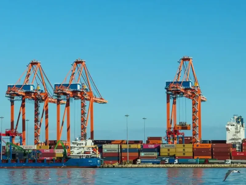 Container port cranes handling food shipments bound for Saudi Arabia