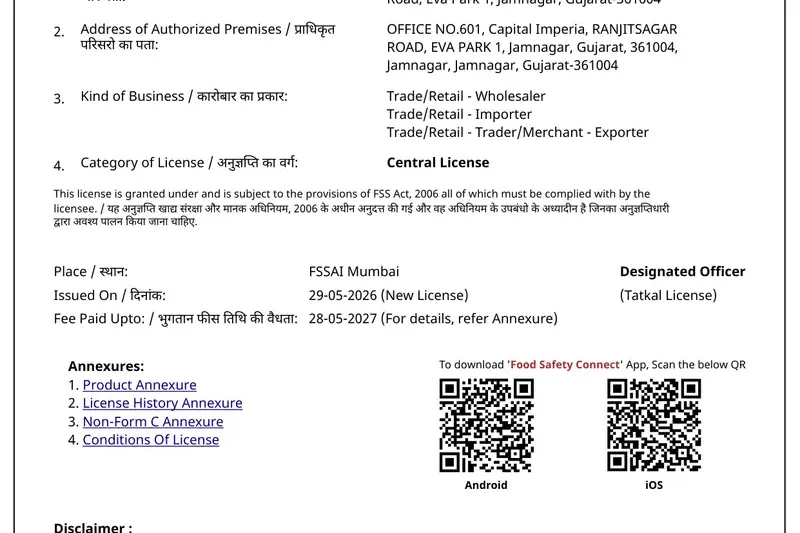FSSAI Central Licence held by Elysium Agri Corporation for food export