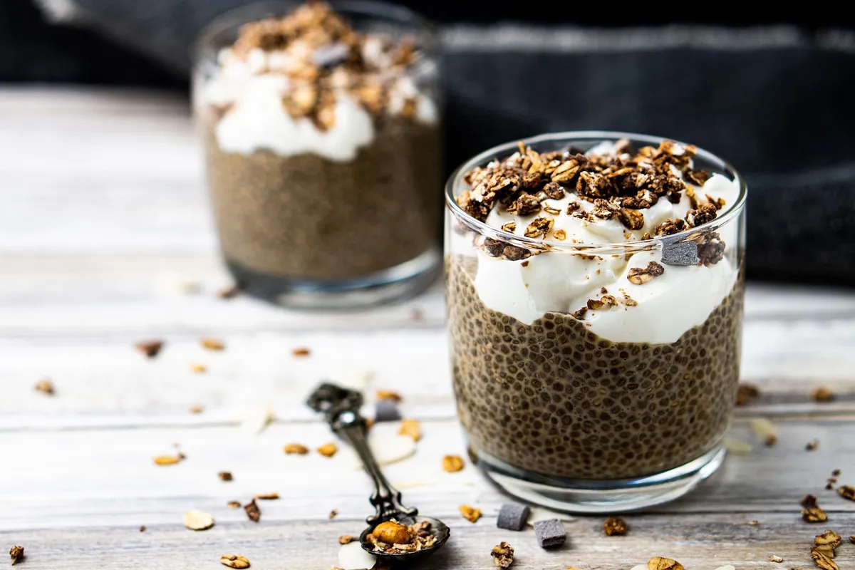 Chia pudding in glasses after soaking chia seeds overnight