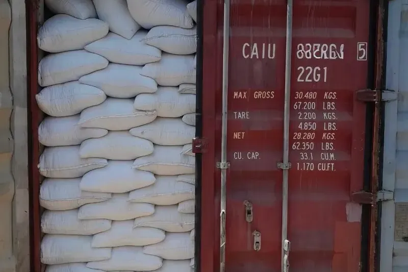 Lined PP bags of roasted chana loaded in a 20 ft export container