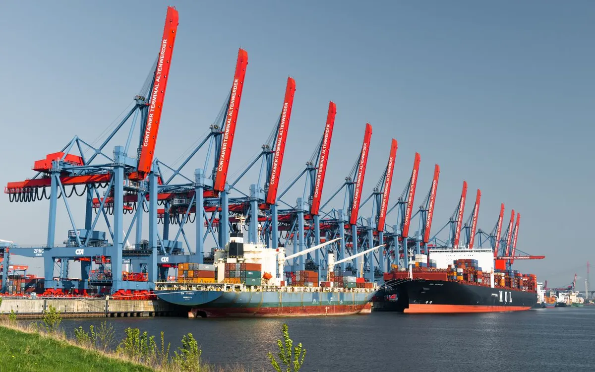 Container ships at port cranes for goods imported from India