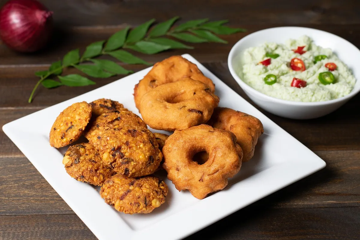 Medu vada, a fried snack made from ground urad dal