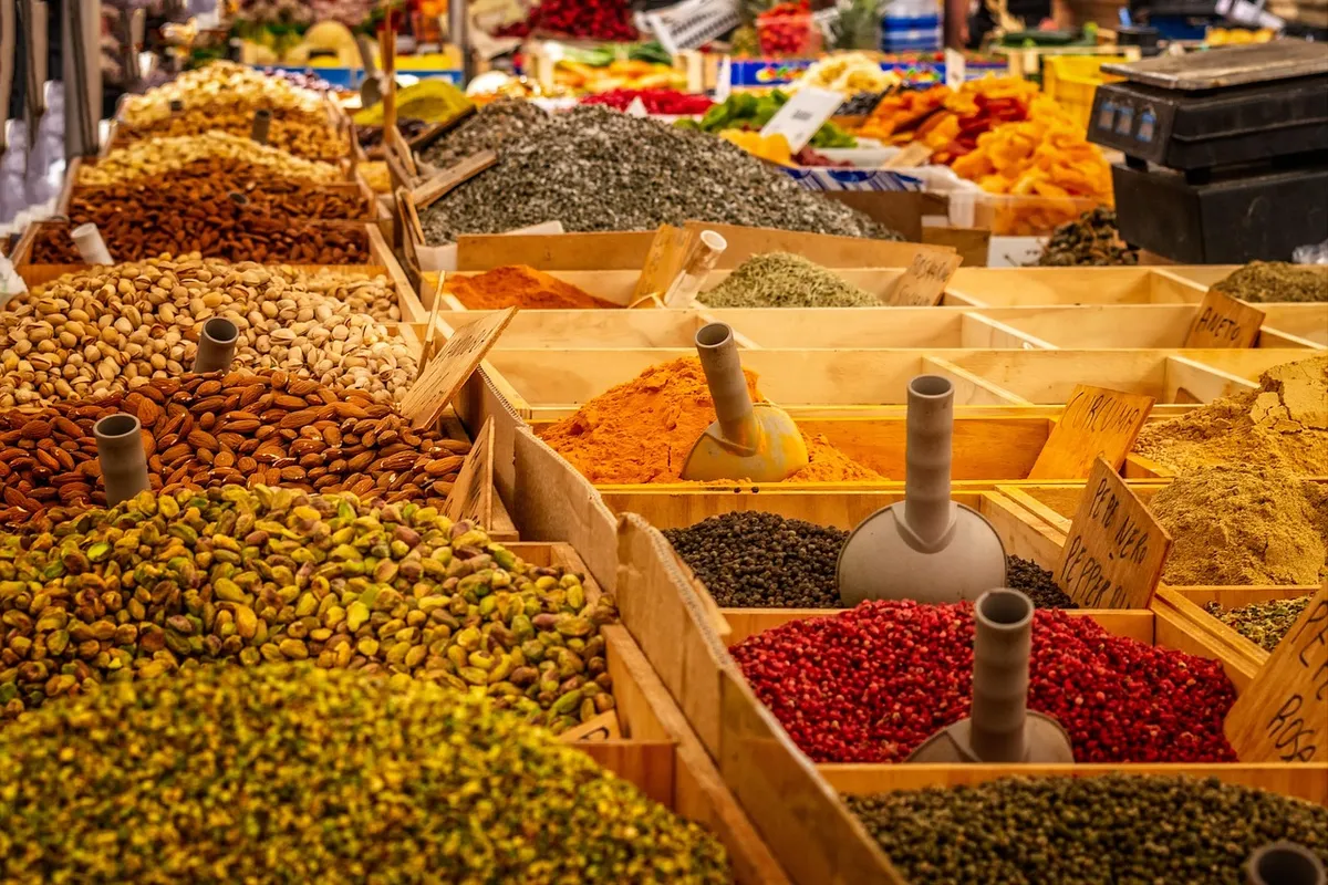 Display of pulses, seeds and spices of the kind buyers compare at food trade shows