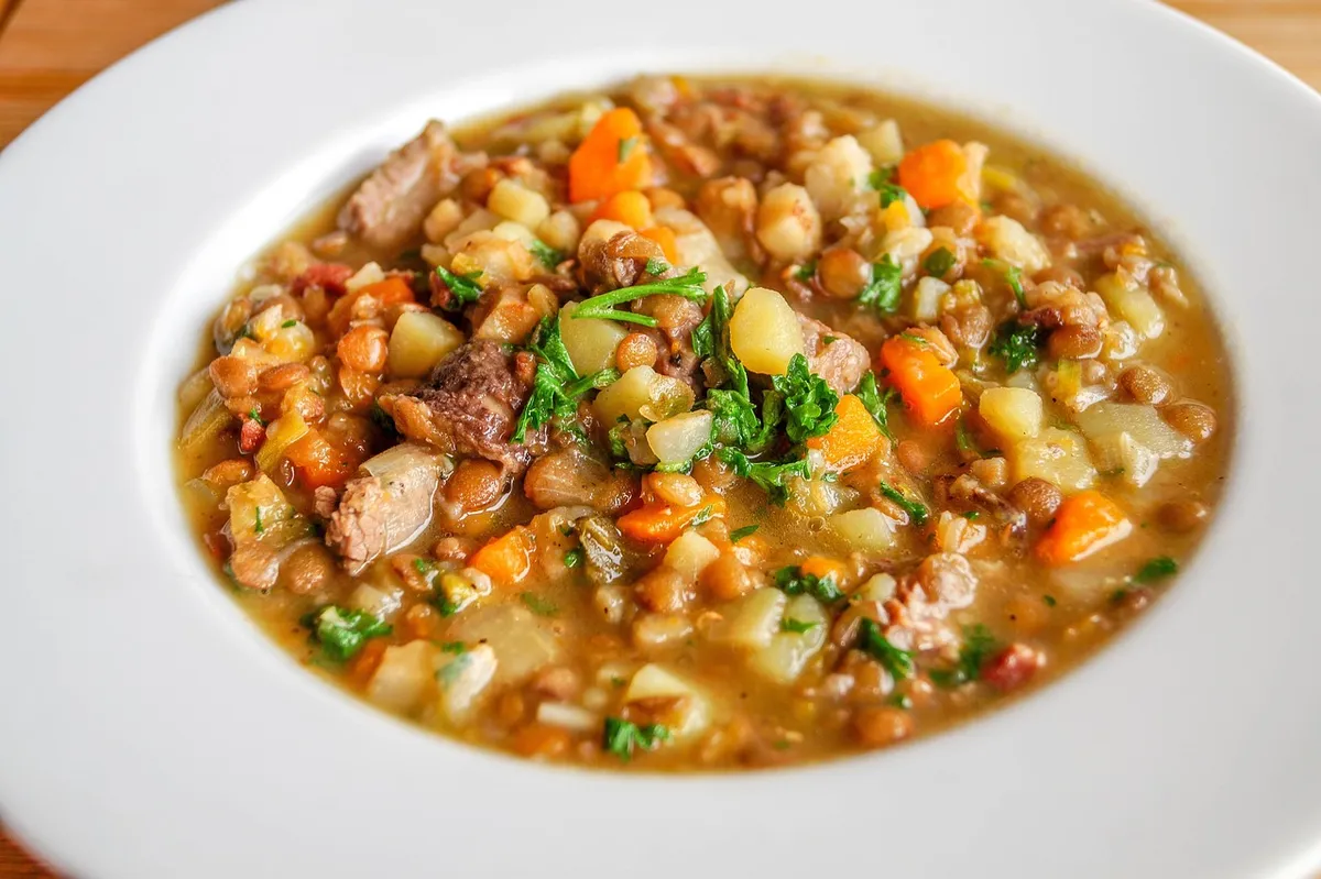 Soup made with whole lentils that keep their shape when cooked