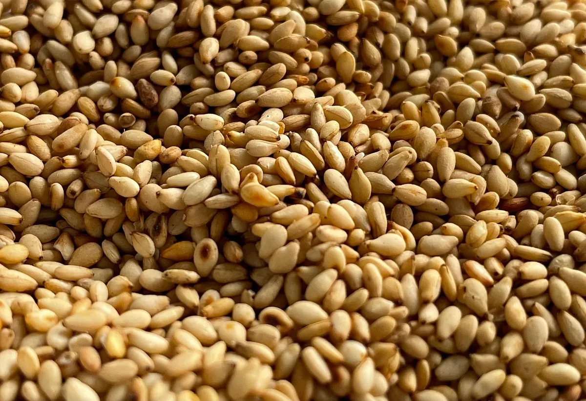Roasted golden sesame seeds close up
