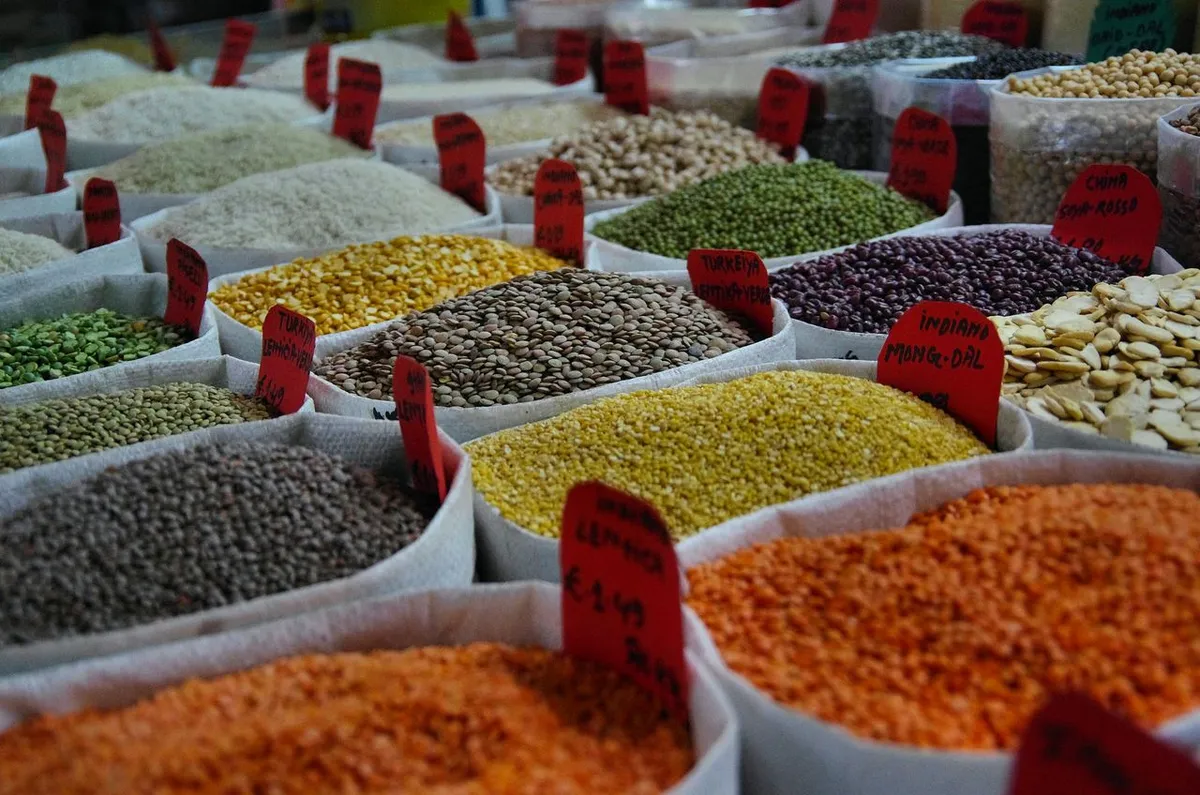 Sacks of different types of dal and pulses at an Indian market