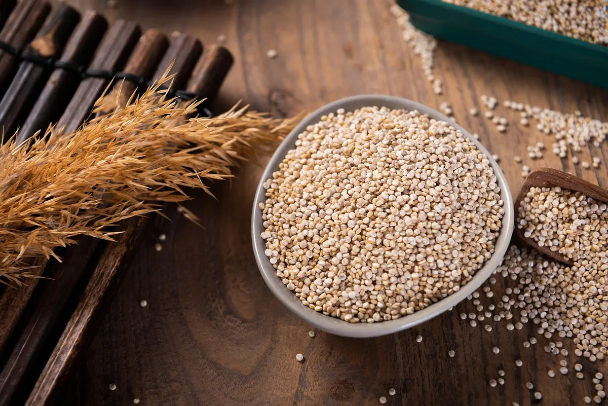 Bowl of uncooked white quinoa, the most traded type of quinoa